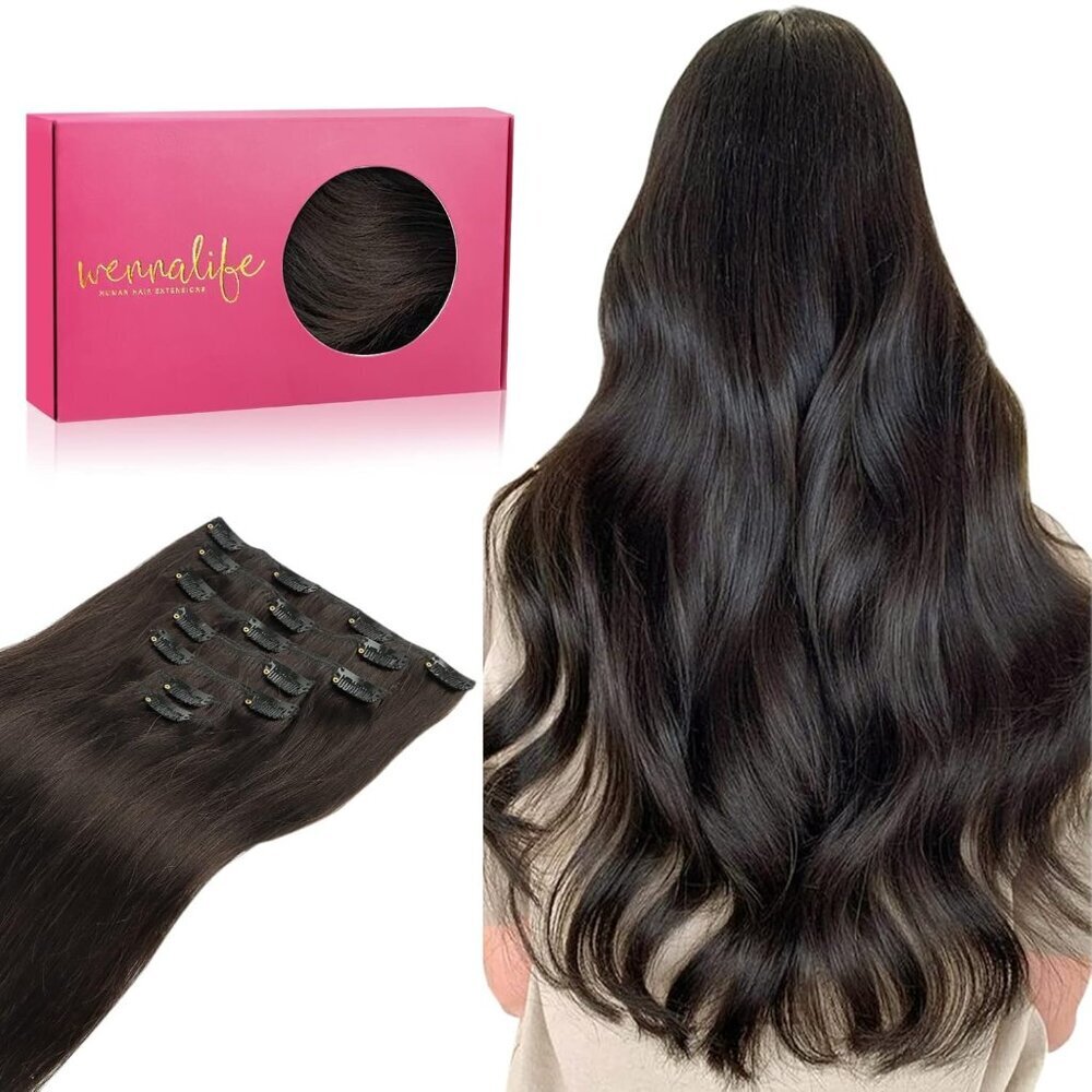 Human Hair Clip In Extensions 18 Inch Dark Brown Remy Natural Volume